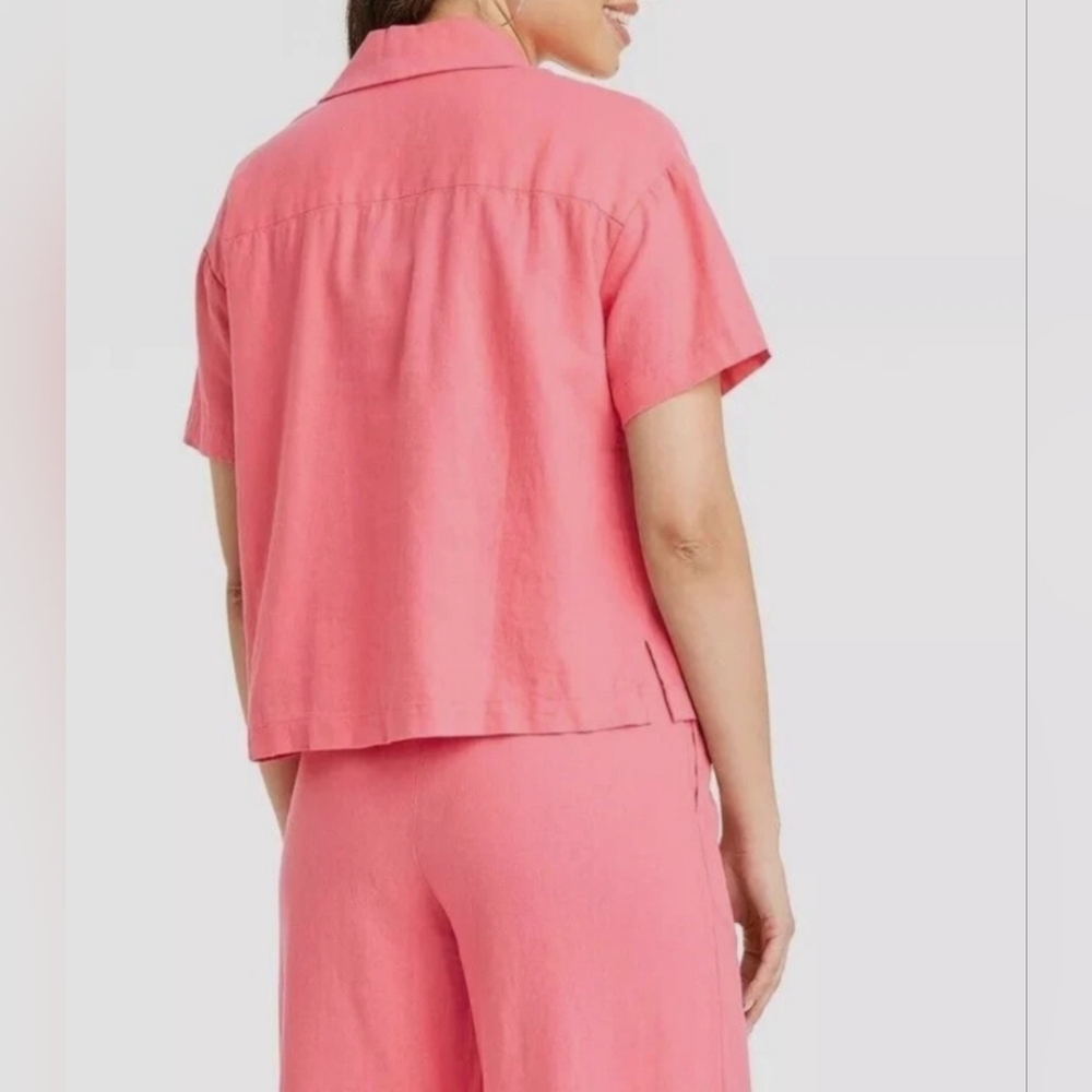 A New Day Linen Short Sleeve Button-Down Boxy Camp Shirt Women's Large Pink - Picture 3 of 11